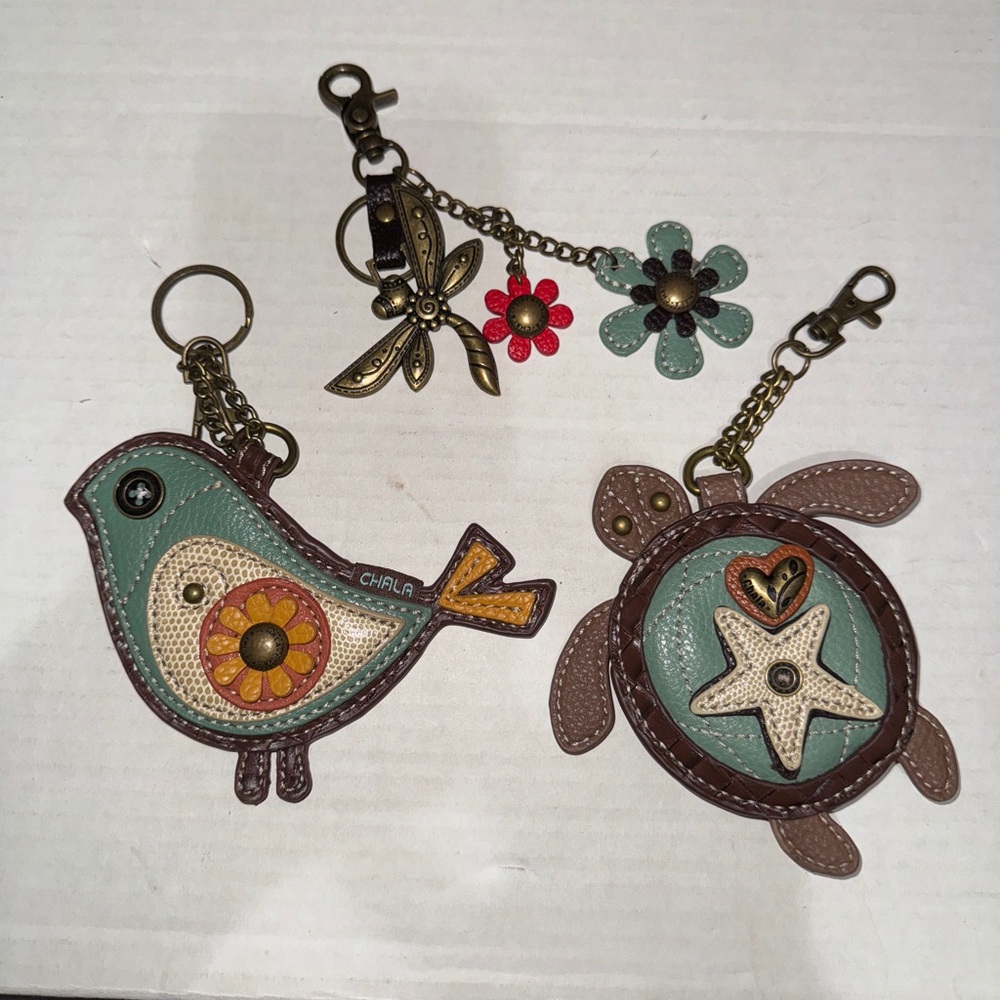 Chala dragon fly turtle & bird small pouch key chain bundle